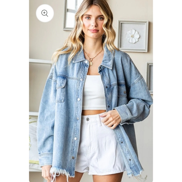 First Love Denim Smiley Face Embroidered Shacket Jacket Size Large NWOT - Picture 4 of 11